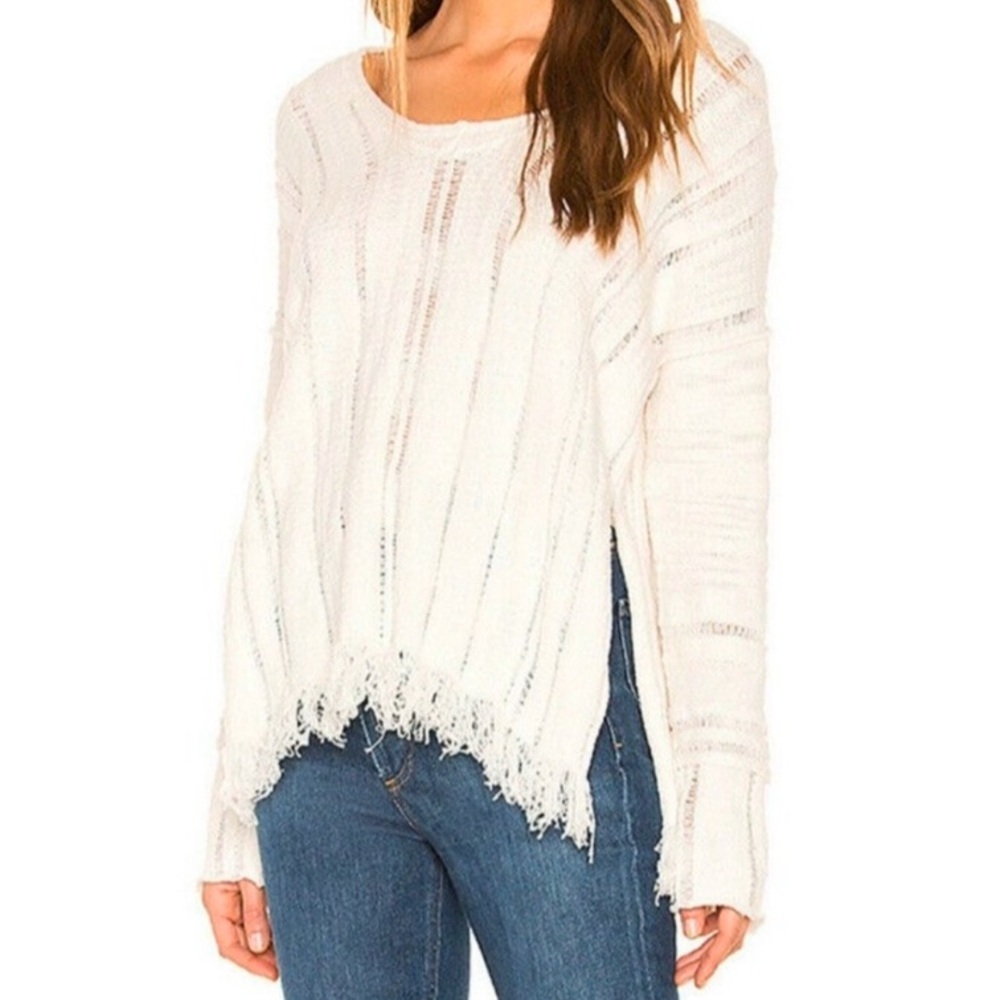 Free People Oceans Drive Cream V Neck Distressed Fringe Boho Sweater. Size Small